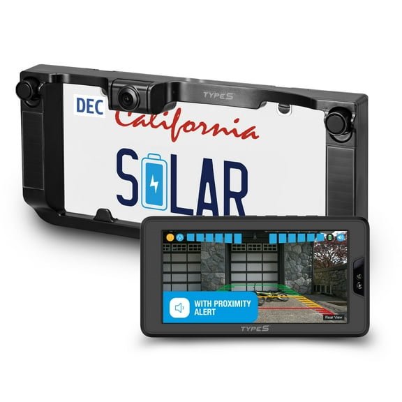 TYPE S Solar Powered Wireless Backup Camera with Backup Proximity Sensor License plate frame design, 3 min installation, universally compatible 6 HD dashboard monitor with motion sensor activation
