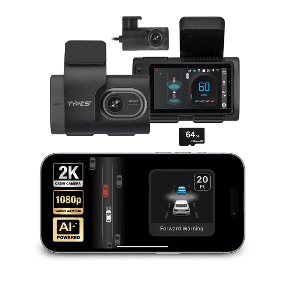 TYPE S T200 PLUS AI-Powered Driver Assistance 2K Dash Cam with ADAS, Collision Warnings, Lane and Pedestrian Detection, Vehicle Departure Reminders, Front Rear Smart Incident Video Surveillance