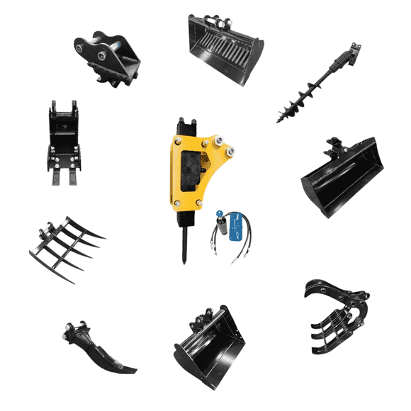 TYPHON 10-in-1 Mini Excavator Attachment Bundle  Quick Coupler, Buckets, Rake, Ripper, Auger, Grapple, Tilt Bucket, Hammer  Fits 0.62 Ton Excavators
