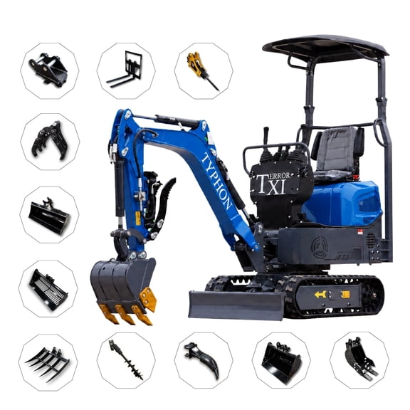 TYPHON TERROR XI STORM 1.1-Ton Mini Excavator, 13.5 HP Briggs & Stratton Gasoline Engine, 13-Attachment Package, Hydraulic Thumb, Boom Swing, Canopy