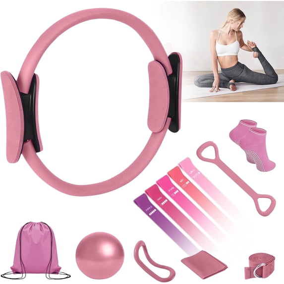 TYPPKMM Pilates Workout Kit, Magic Circle Ring, Resistance Bands, 13-Pc, Pink