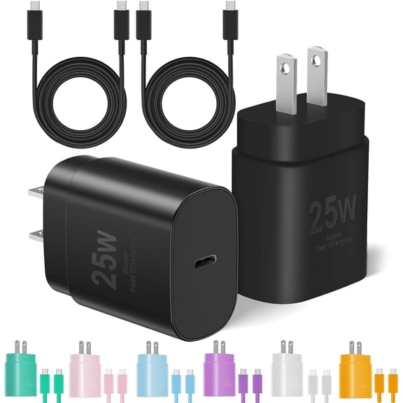 TYPPKMM 25W USB-C Fast Charger, 2-Pack with 10FT/6FT Cables for Samsung Galaxy S25/S24, Black