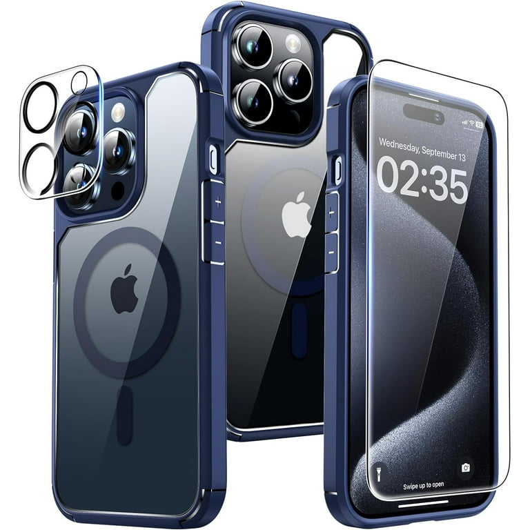 TYPPKMM 5 in 1 Magnetic Case for iPhone 15 Pro Max [Military Grade Drop  Protection] with 2X Screen Protector +2X Camera Lens Protector, Translucent Matte  Slim Fit Designed for Mag-Safe Case-Blue 