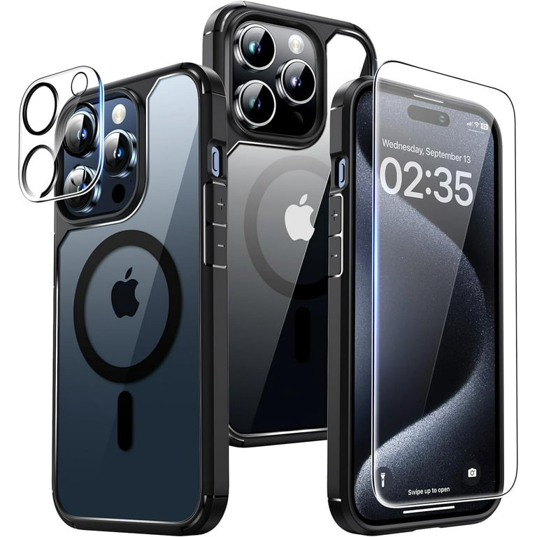 Typpkmm 5 in 1 Magnetic Case for iPhone 15 Pro [Military Grade Drop Protection] with 2x Screen Protector +2X Camera Lens Protector, Translucent Matte