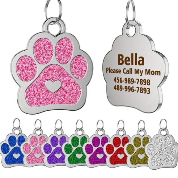TYPPKMM - Foldable Personalized Glitter Paw Print with Heart Shape Dog Tags Engraved Dog Pendant Custom Puppy Pet Id Name Collar