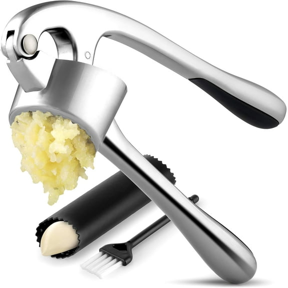 TYPPKMM Kitchen Large Premium Garlic Press Set - Bigger Bowl for Bigger Garlic - Rust Proof Garlic Mincer Tool - Easy-Squeeze, Easy-Clean Silicone Garlic Peeler & Brush (Chrome)
