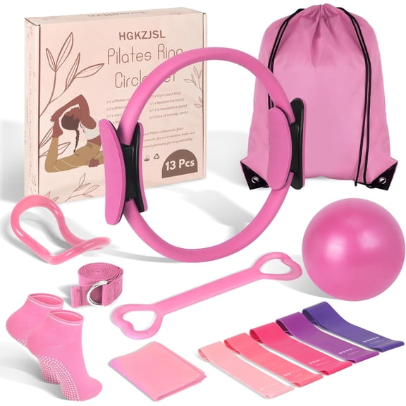 TYPPKMM Pilates Kit for Women , Pilates Ring with and Ball Set with Magic Circle 13PCS, Pink