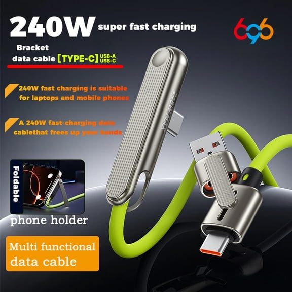 TYPPKMM Portable 240W Fast Charging Cable with Phone Tablet Foldable Holder 1 2 in, Gn