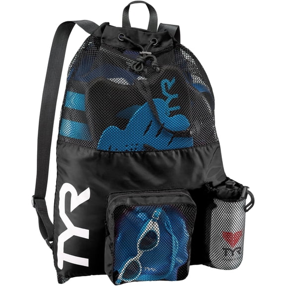 TYR Big Mesh Mummy Backpack - Ventilated Swim Gear Athletic Sport Bag, Black