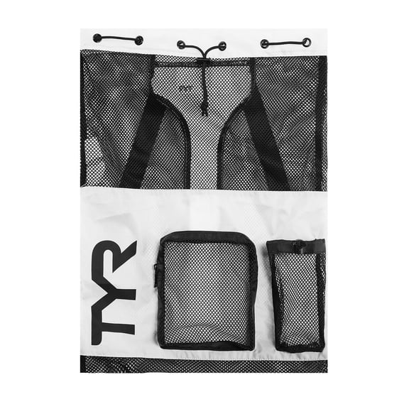 TYR Big Mesh Mummy Backpack 40L - Ventilated Polyester Swim Gear Bag with Drawstring Closure for Pool, Beach, and Training, White
