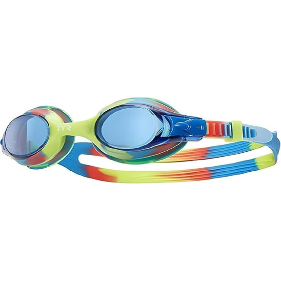 TYR Kids Swim Goggles Swimple Tie Dye,Unisex Swimming Goggles for Boys and Girls, Ages 3-10, Anti Fog, UV Protection, Comfortable Fit, Adjustable Strap, Blue/Yellow/Pink, One size