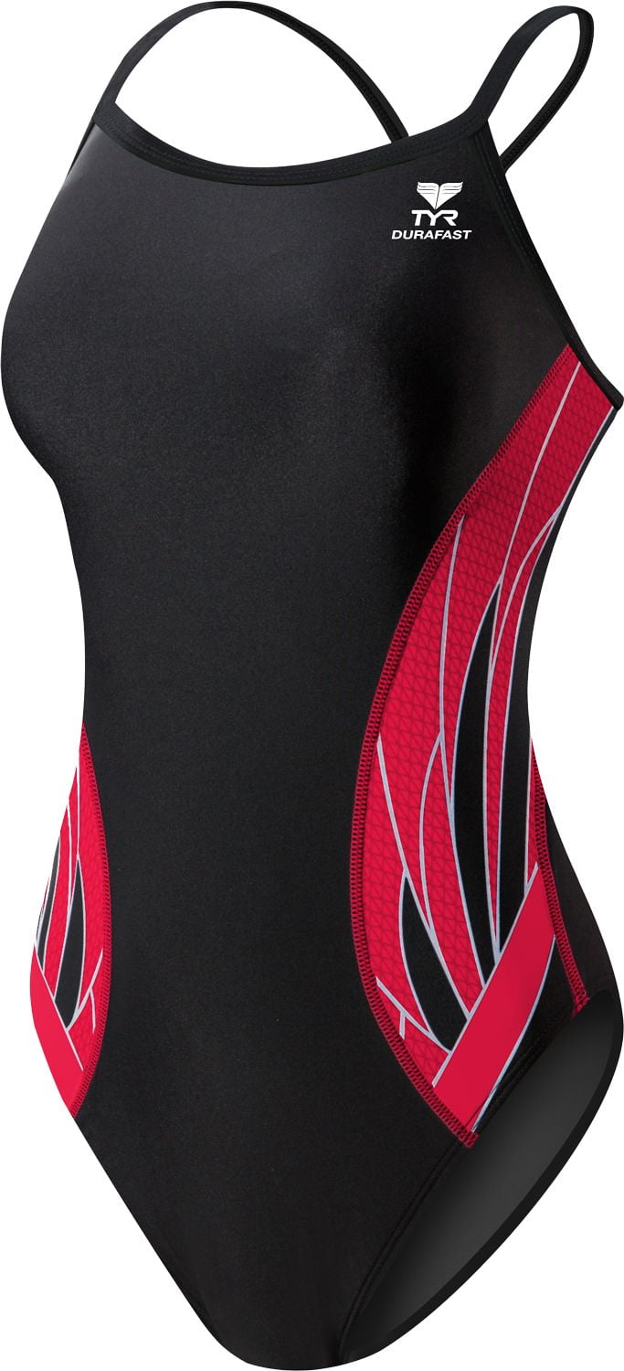 TYR Sport Women's Phoenix Splice Diamondfit Swimsuit - Black/Red, Durafast Elite Fabric For Competition & Training