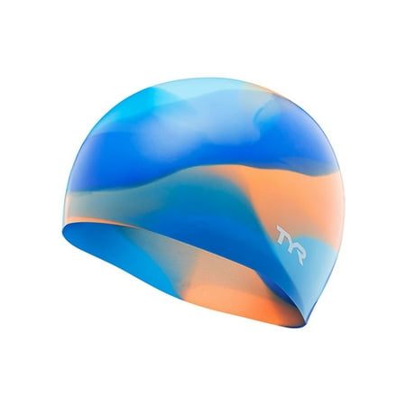 TYR Youth Fit Silicone Multicolor Swim Cap - Blue/Orange