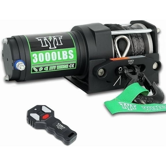 TYT 3000lbs ATV Electric Winch, 12V DC Winch with Wireless Remote and Wired Switch, 1/5"x 32FT Synthetic Winch Rope with Fairlead and Winch Mounting Plate.