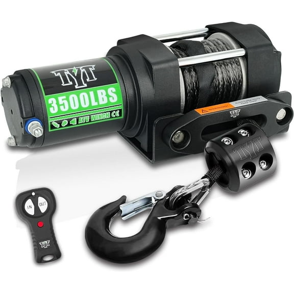 TYT 3500lbs ATV Electric Winch, 12V DC Winch with Wireless Remote and Wired Switch, 7/32"x 30FT Synthetic Winch Rope with Fairlead and Winch Mounting Plate.