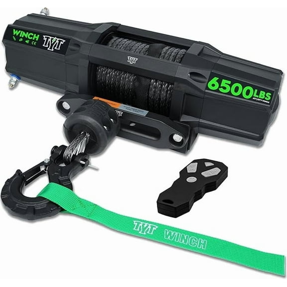 TYT 6500lbs UTV Winch, 12 Volt DC Electric Trailer Winch with Wireless Remote and Wired Switch,1/4" x 50FT Synthetic Rope Winch with Rubber Stopper, Fairlead and Winch Mounting Plate.