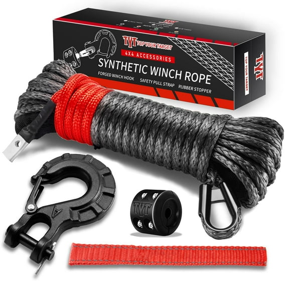 TYT Off-Road Winch Rope Kit - 3/16" x 50', 8500 Lbs - Black Synthetic Winch Cable with Protective Sheath, Heavy-Duty Hook, Safety Pull Strap & Rubber Stopper - Ideal for 4WD ATV UTV Vehicles