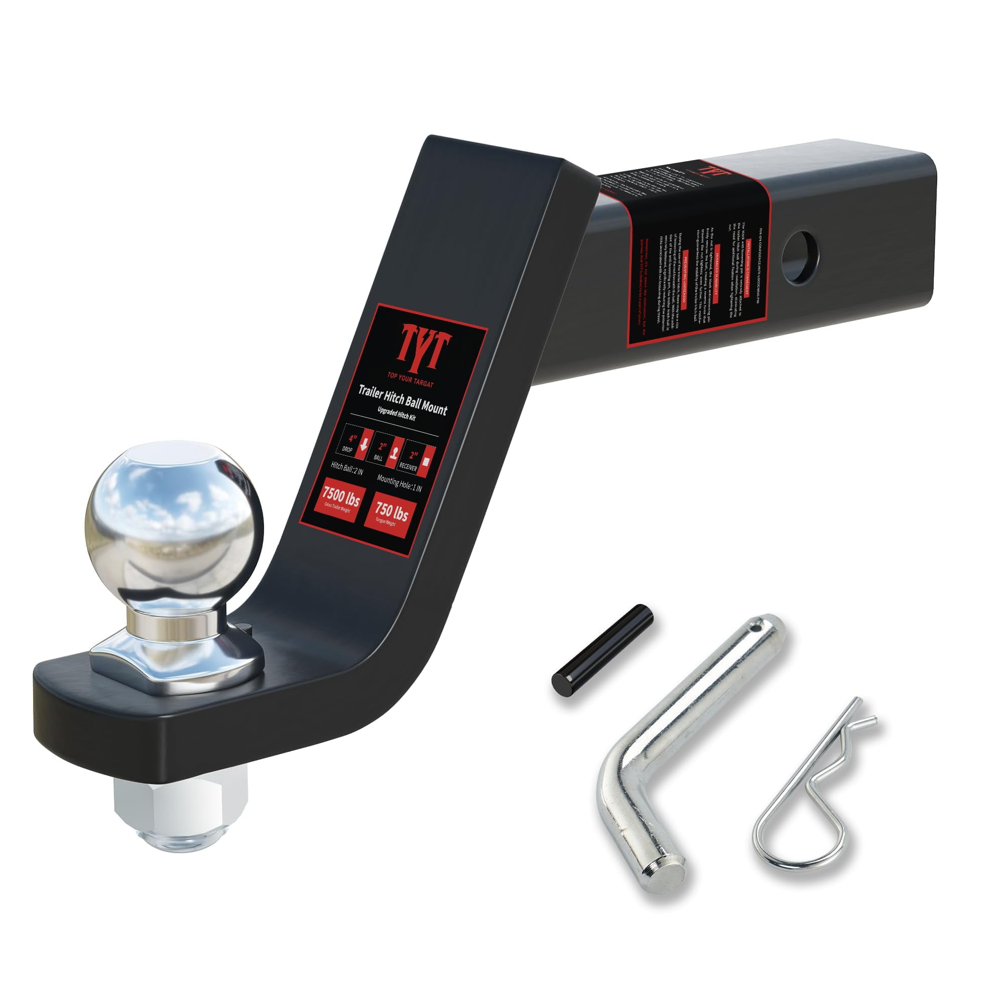 TYT Trailer Hitch Ball Mount Kit With 2 Inch Ball,4 Inch Drop,Upgraded Hitch Kit With 5/8" Hitch Pin Clip, Fits 2 Inch Receiver, 7500lbs - View #9