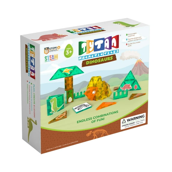 TYTAN Magnetic Tiles Dinosaurs 60-Piece Building Blocks Set, Dino Safari Land Kids’ STEM Toy, Creative Play, Shape & Pattern Recognition, Fine Motor Skills, Includes Storage Bag, Ages 3+