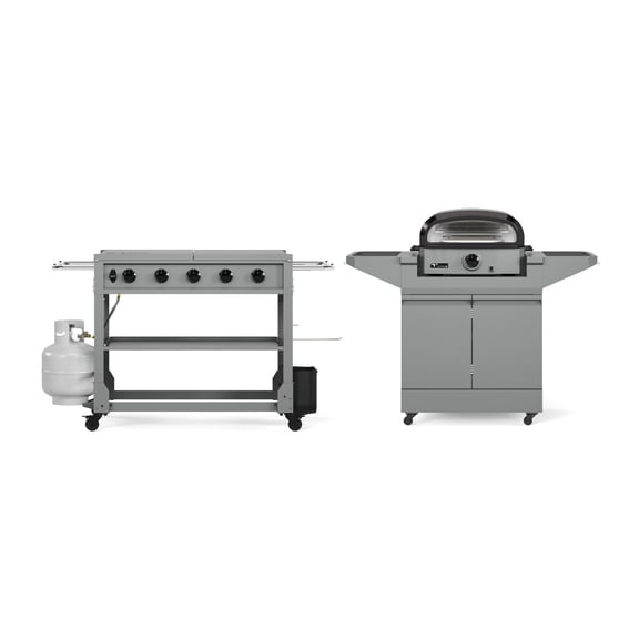 TYTUS Emberwood Gas Tabletop Pizza Oven with Grill and Prep Cart and 55" Cover and Anaheim 5-Burner 36 Gas Griddle with Tool Set and Cover
