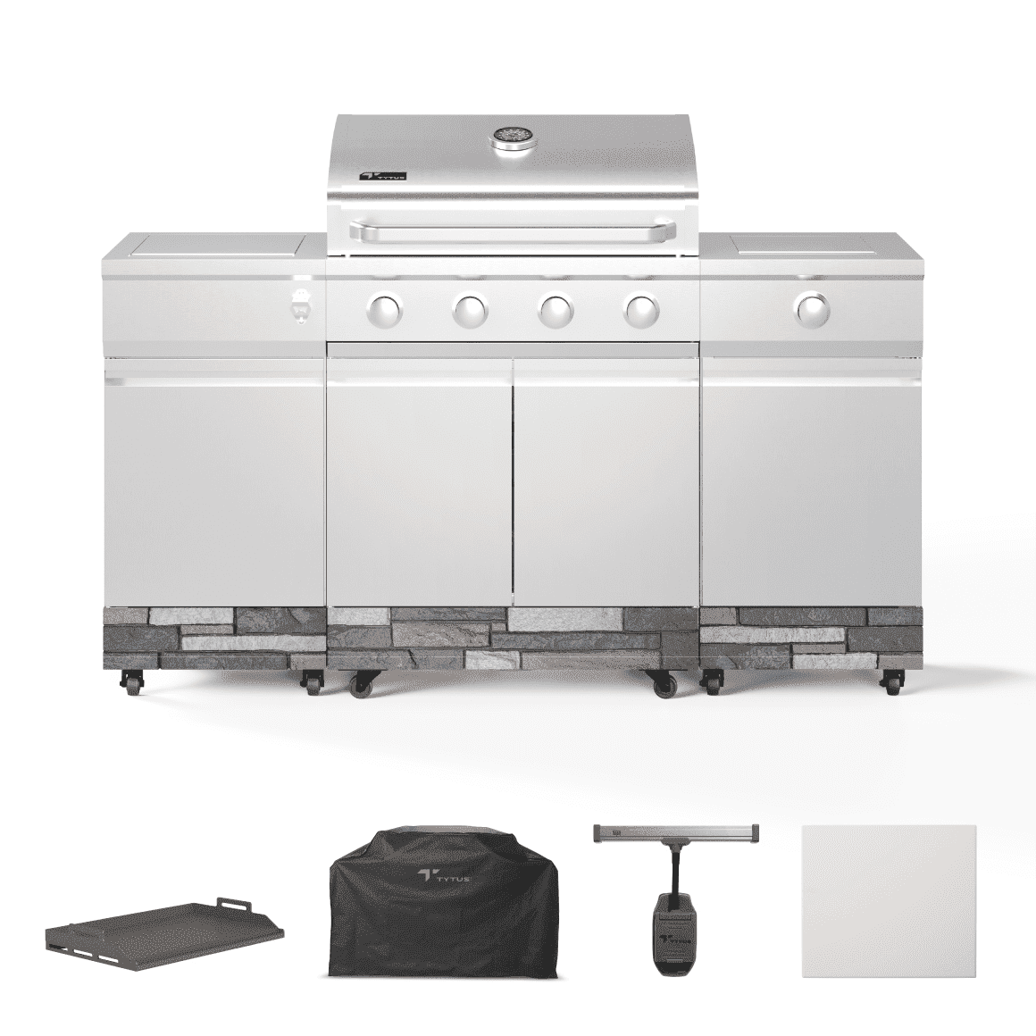 TYTUS Fresno 4-Burner Gas Grill and Kit in Stainless Steel with Cover, Griddle insert, Light and Pizza Stone