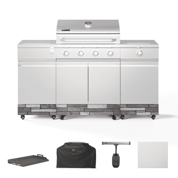 TYTUS Fresno 4-Burner Gas Grill and Kit in Stainless Steel with Cover, Griddle insert, Light and Pizza Stone