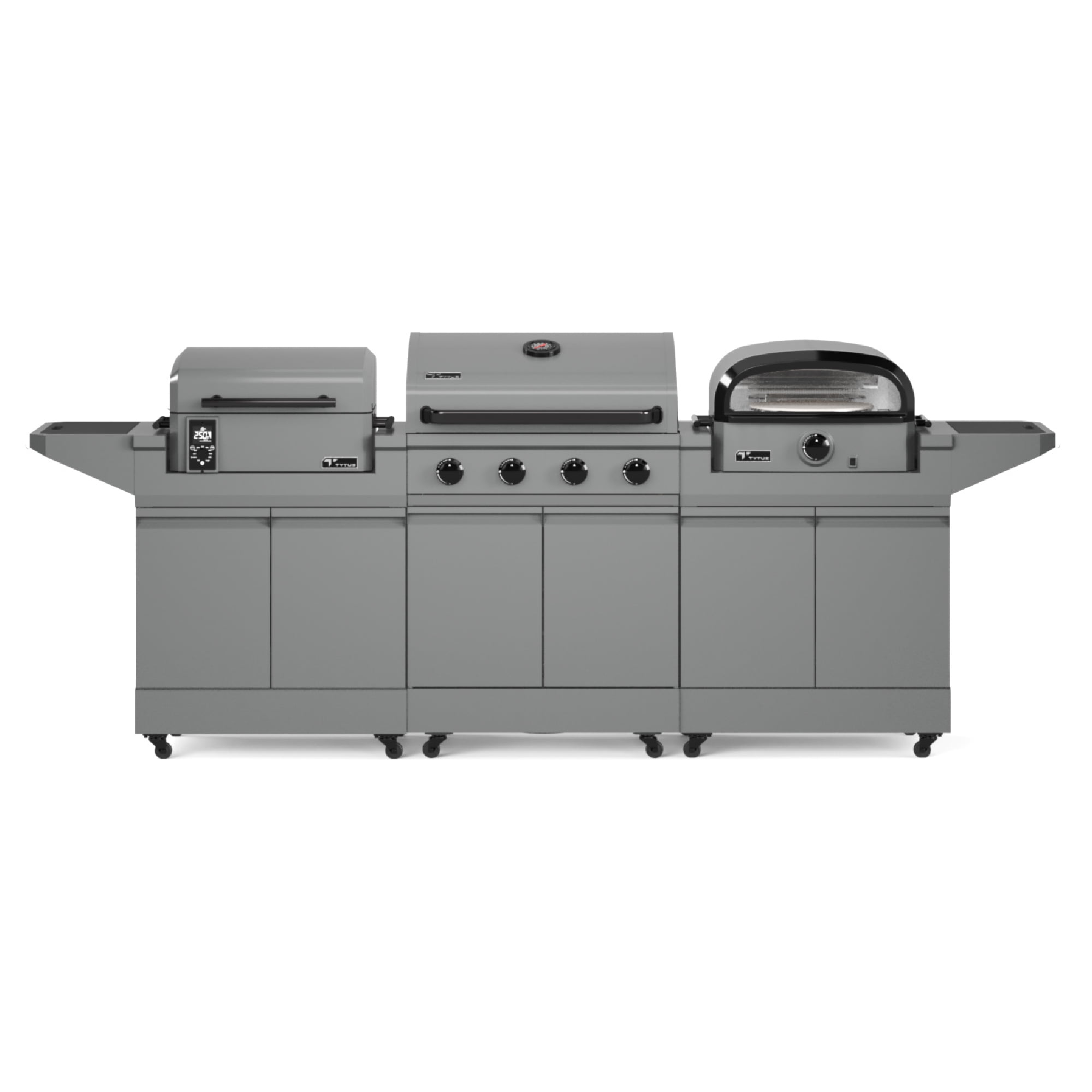 TYTUS Modular Grilling Collection 4-Burner Gas Grill, Pellet Smoker with Cart and Pizza Oven with Cart