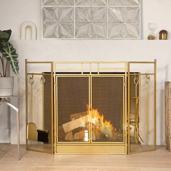 TYUIOP 3-Panel Folding Fireplace Screen W/Magnetic Doors and 4-Pieces Fire Place Tools Set Home Steel Fire Spark Guard. gold