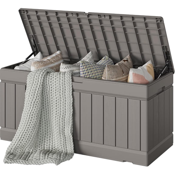 TYUIOP 78 Gallon Deck Box, Waterproof Resin Outdoor Storage Box for Outside and Patio, Outdoor Storage Bench Lockable for Patio Furniture, Garden Tools and Pool Supplies (Light Brown, 78 Gallon)