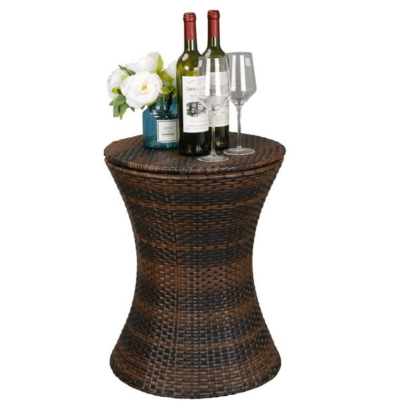 TYUIOP Adjustable Rattan Cool Bar Table - Outdoor Patio Party Drink Storage Ice Cooler, Height-Adjustable Design for Dining/Drinking, Spacious Cooler Compartment Holds Ice & Beverages.