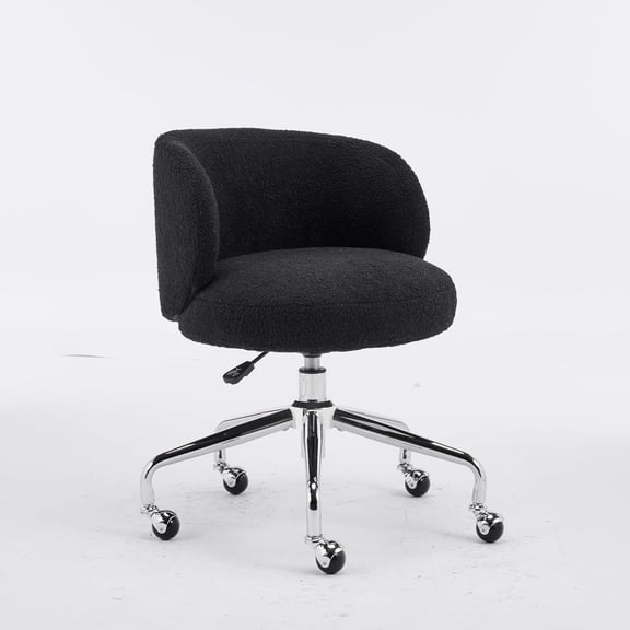 TYUIOP Cute Small Swivel Desk Chair Comfy with Wheels,Ergonomic Low-Back Lumbar Support Vanity Nail Tech Rolling Task Stool Chair for Home Office,Height Adjustable,Teddy Fleece,Black