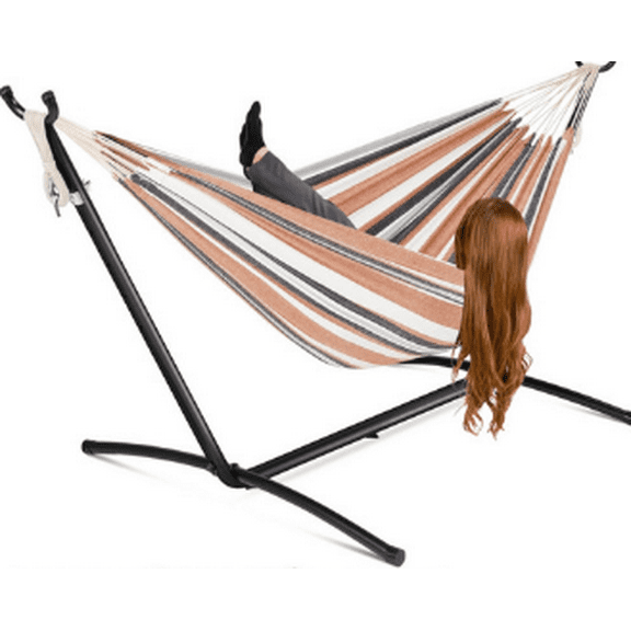 TYUIOP Double Hammock with Steel Stand, Indoor Outdoor Brazilian-Style Cotton Bed w/Carrying Bag, 2-Person Capacity - Desert Stripes