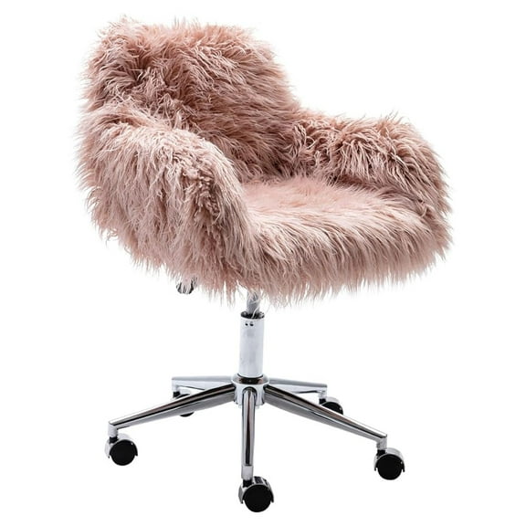 TYUIOP Fluffy Office Desk Chair, Faux Fur Modern Swivel Armchair with Wheels, Soft Comfy Fuzzy Elegant Accent Makeup Vanity Chairs for Women Girls, Home Living Dressing Room Bedroom, Pink