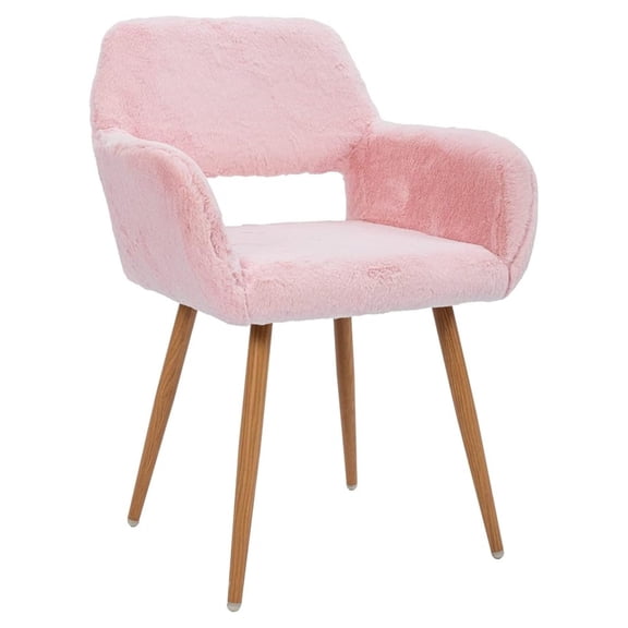 TYUIOP Furry Desk Chair, Mid-Century Modern Accent Faux Fur Chair for Teen Girls, Comfy Armchair with Wood Look Metal Legs for Living Dining Room, Home Vanity Makeup Office Desk Chairs No Wheel, Pink
