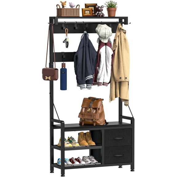 TYUIOP Hall Tree, 31.5” Entryway Bench with Coat Rack freestanding, 5 in 1 Intelligent Design Shoe Bench and Wall Rack 17 Hooks and Drawers (Black)