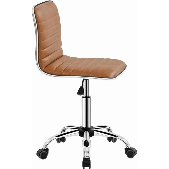 TYUIOP  PU Leather Low Back Armless Desk Chair Ribbed Swivel Task Chair Office Computer Chair with Wheels Retro Brown