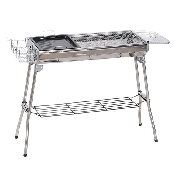 TYUIOP Portable Charcoal Grill, Stainless Steel Folding BBQ with Storage Shelf, Grill Rack, Pan, Hooks for Camping, Tailgating, Outdoor Cooking.