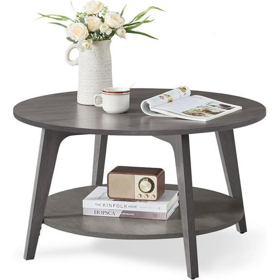 TYUIOP Round Coffee Table, 2-Tier Center Table with Storage, Tapered Legs, Curved Transitions, 31.5 Dia. x 17.7 H Inches, Easy Assembly, for Living Room, Misty Gray