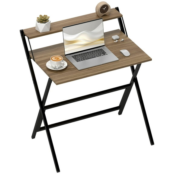 TYUIOP Small Folding Desk, Foldable Computer Desk with Monitor Shelf, Space Saving Portable Writing Table for Small Spaces, Home Office, Study, Easy Assembly. Walnut (32.1" W x 24.4" D x 34.1" H)