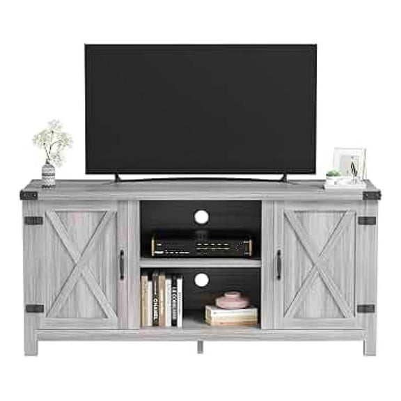 TYUIOP TV Stand, 65 Inch TV Farmhouse Entertainment Center with Double Barn Doors and Storage Cabinets, Console TV Table Media for Living Room, Bedroom (Grey)