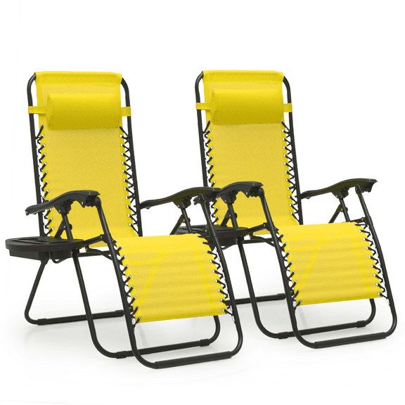 TYUIOP Zero Gravity Lounge Chairs Set of 2, Outdoor Patio Reclining Chair with Side Tray, Adjustable Anti-Gravity Recliners with Pillow Headrest, Sunflower Yellow