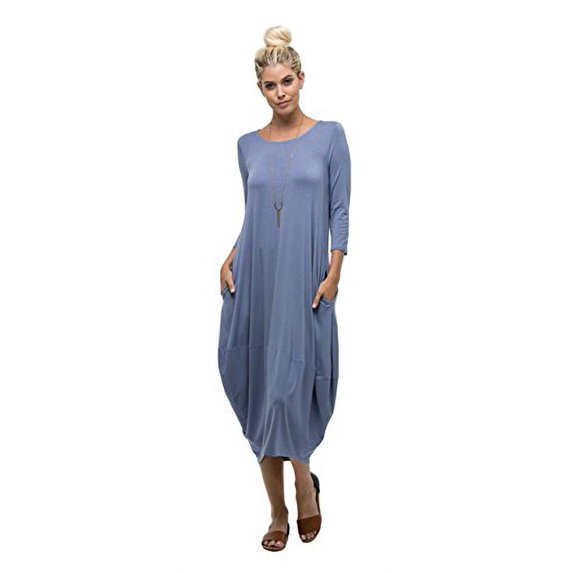 TZ Apparel Women's Casual 3/4 Sleeve Oversize Bubble Jersey Shift Midi Dress