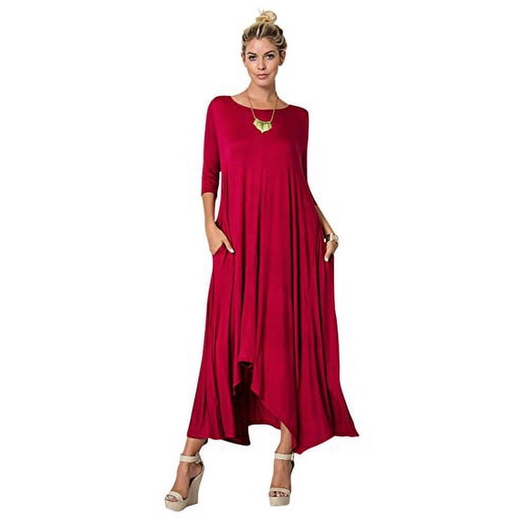 TZ Apparel Women's Casual Asymmetrical Oversized Handkerchief Hem 3/4 Sleeve Jersey Maxi Dress