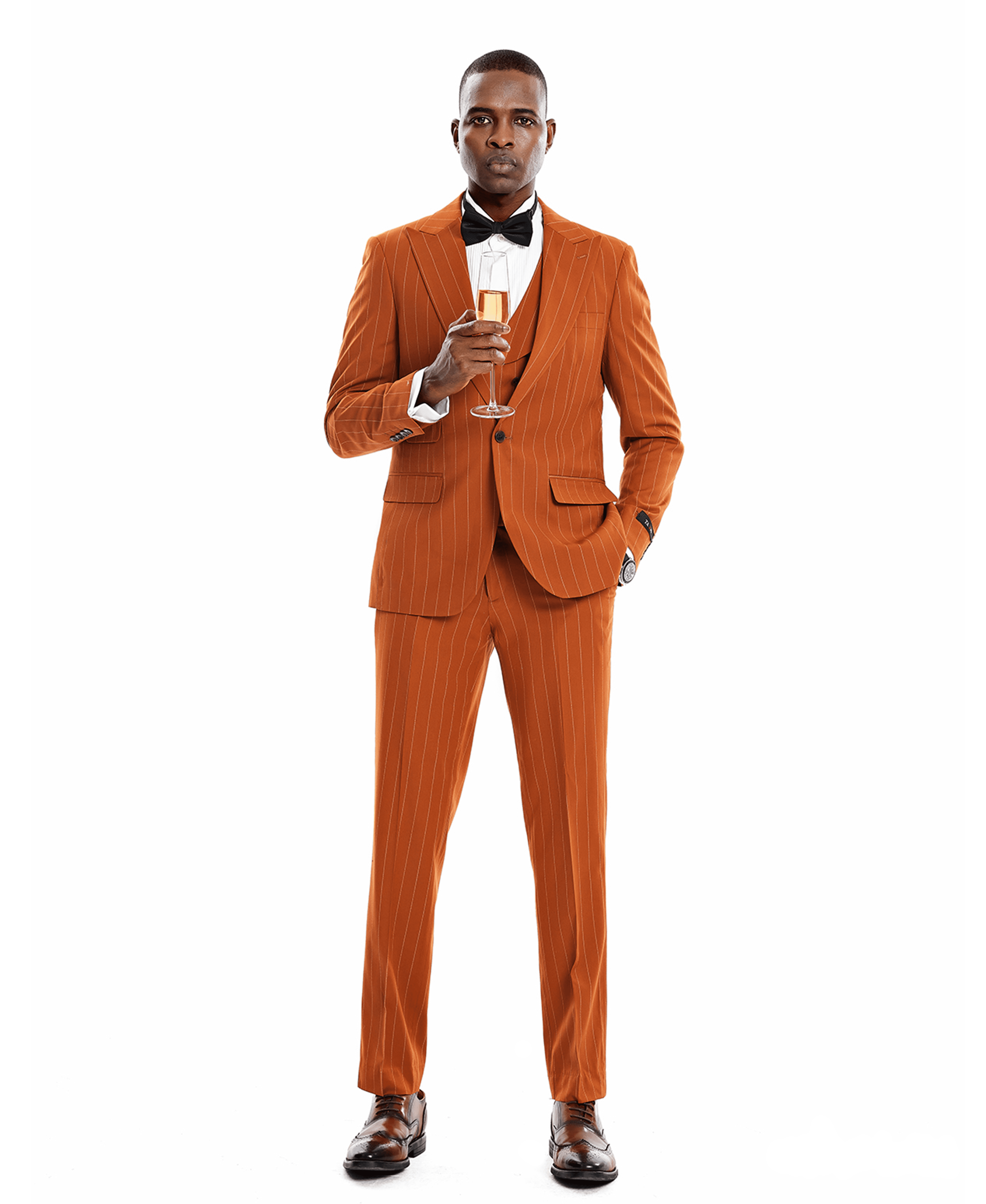 TZ Men's Pinstripe Suit 3-Piece Peak Lapel Collared Vest, Rust Orange
