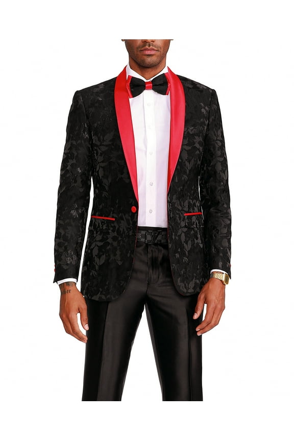 Men's Premium Prom Floral Satin Shawl Collar Jacket, Black/Red