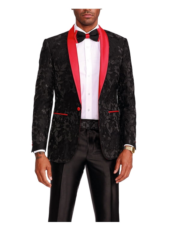 Men's Premium Prom Floral Satin Shawl Collar Jacket, Black/Red