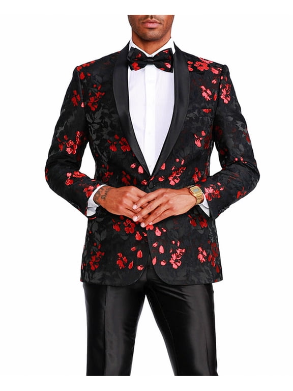 Men's Premium Prom Shiny Floral Satin Shawl Collar Jacket, Red/Black