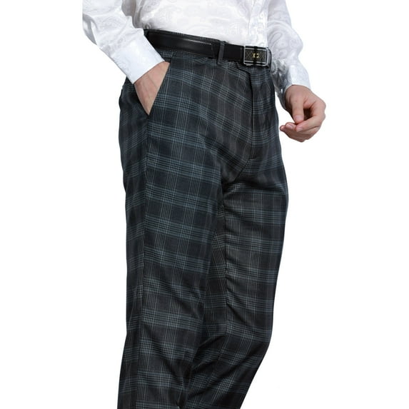 TZ Men's Premium Skinny Fit Dress Pants, Charcoal Plaid Trousers