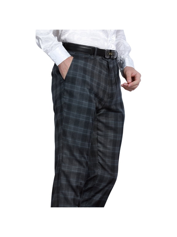 Men's Premium Skinny Fit Dress Pants, Charcoal Plaid Trousers