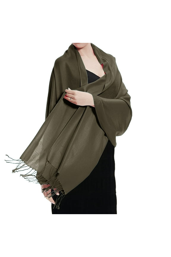 Women Army Green Pashmina Shawl and Wrap Soft Solid Color Scarf with Fringes